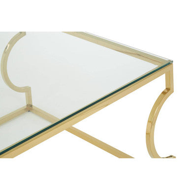 Gold Curved Frame Coffee Table With Clear Tempered Glass Top, Allure