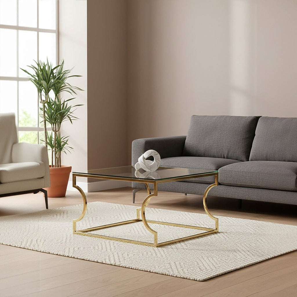 Gold Curved Frame Coffee Table With Clear Tempered Glass Top, Allure
