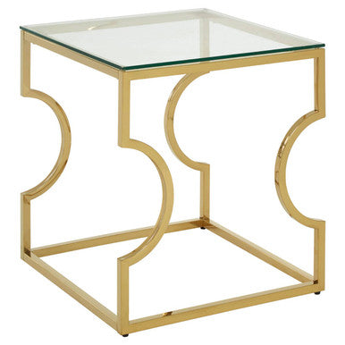 Gold Stainless Steel Curved Frame End Table With Clear Tempered Glass Top, Allure