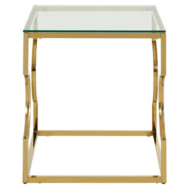 Gold Stainless Steel Curved Frame End Table With Clear Tempered Glass Top, Allure