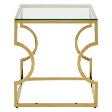 Gold Stainless Steel Curved Frame End Table With Clear Tempered Glass Top, Allure
