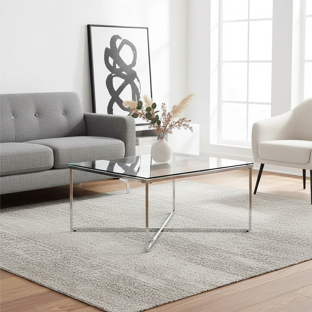 Silver Cross Base Coffee Table With Clear Tempered Glass Top, Allure