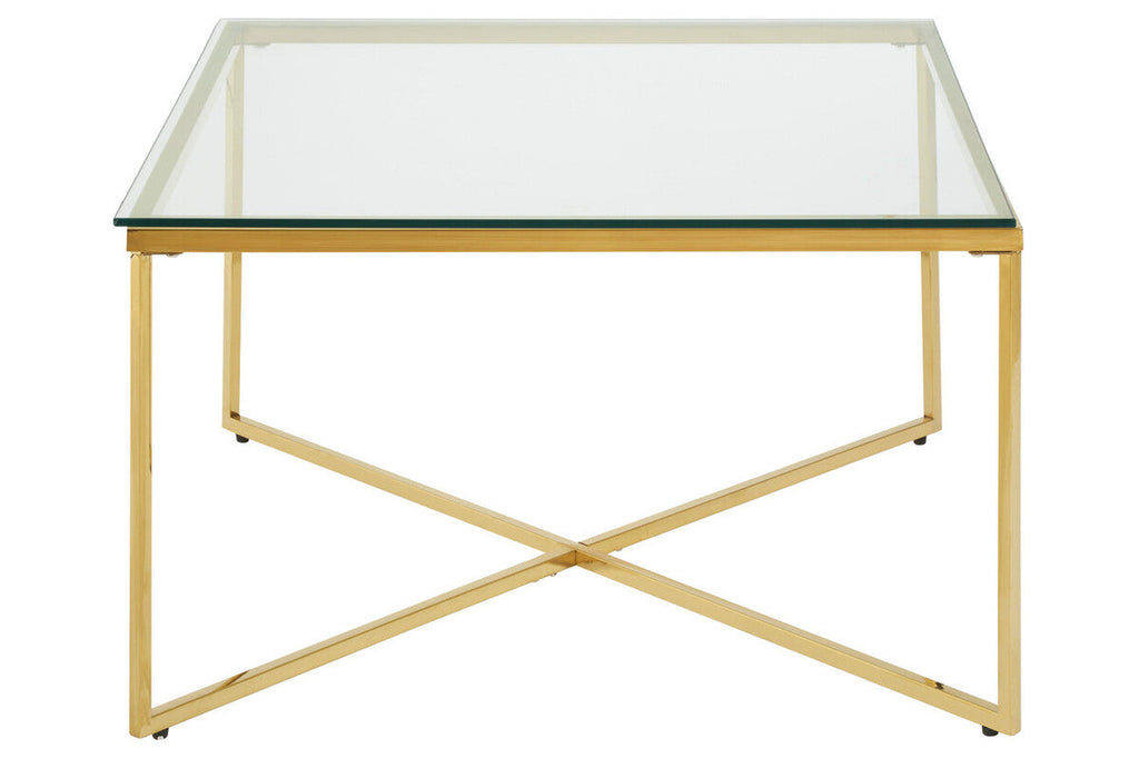Gold Coffee Table With Intersecting Cross Base & Clear Glass Top, Allure