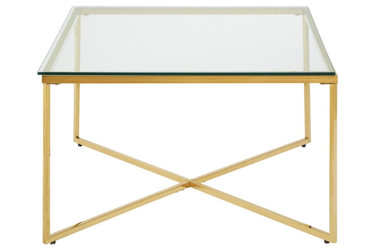 Gold Coffee Table With Intersecting Cross Base & Clear Glass Top, Allure