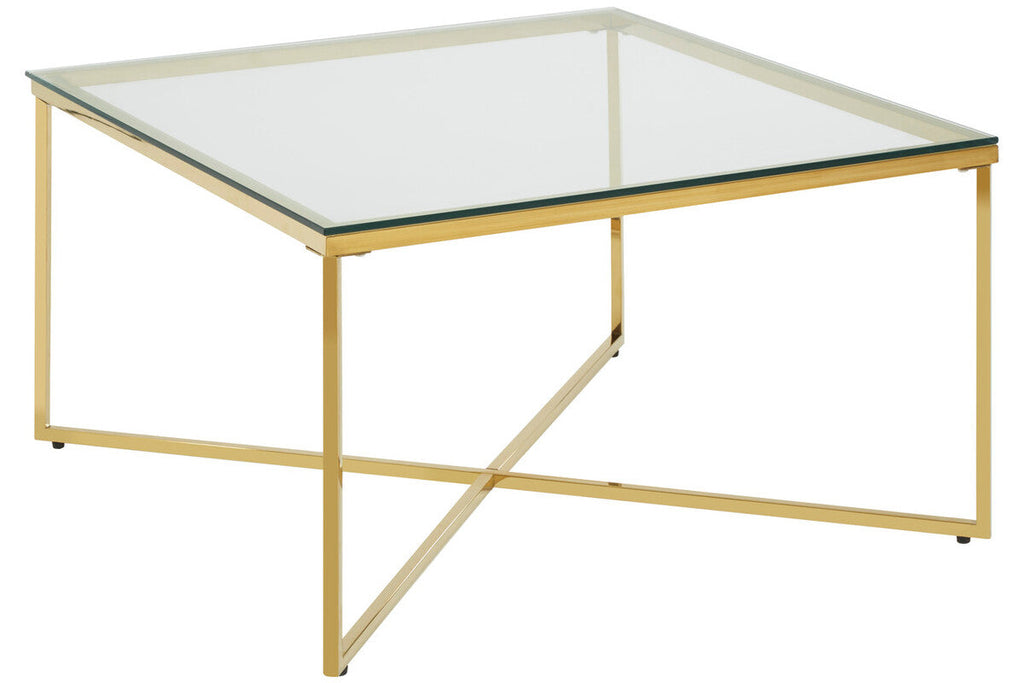Gold Coffee Table With Intersecting Cross Base & Clear Glass Top, Allure