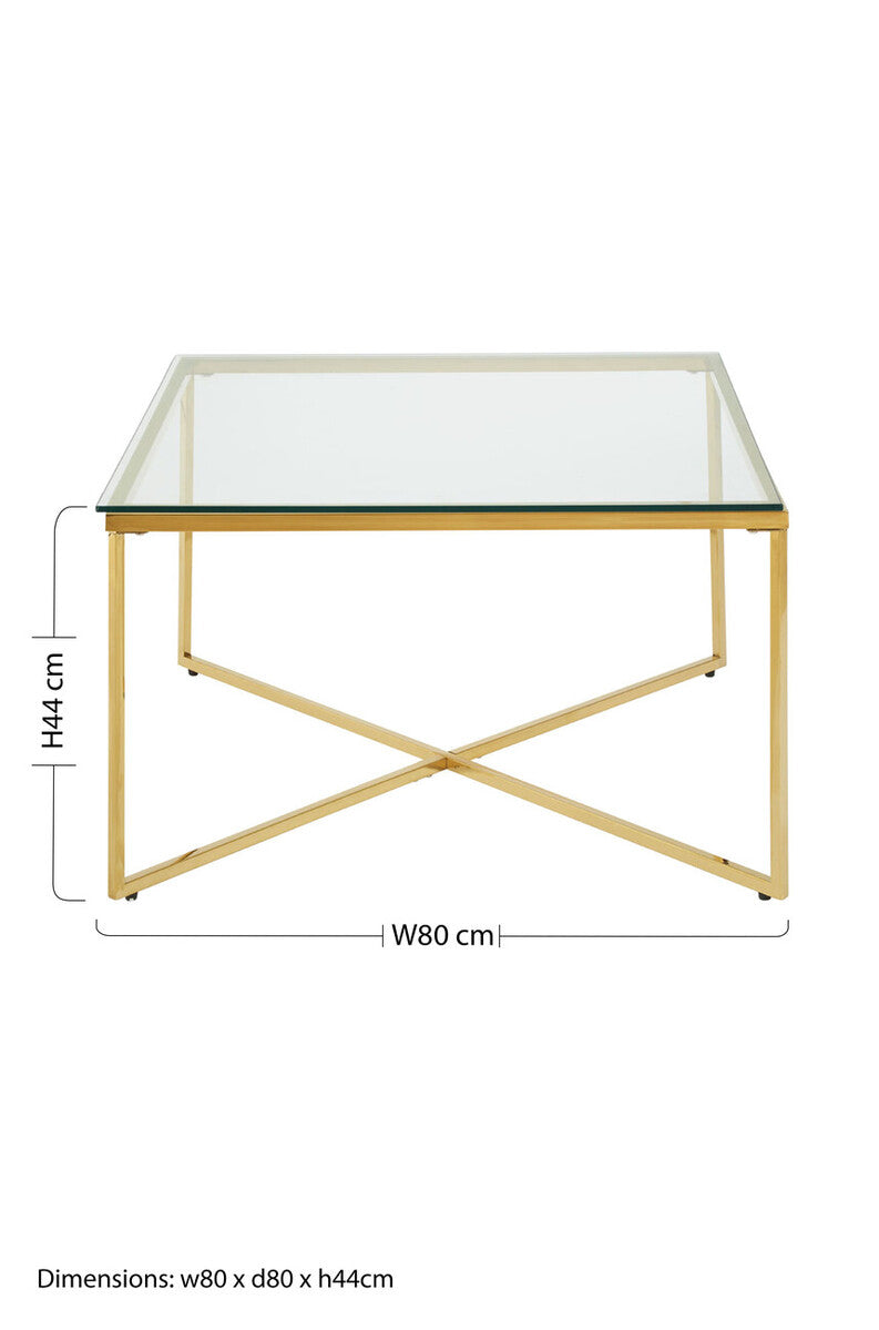 Gold Coffee Table With Intersecting Cross Base & Clear Glass Top, Allure