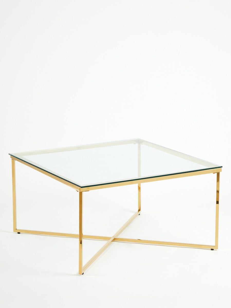 Gold Coffee Table With Intersecting Cross Base & Clear Glass Top, Allure