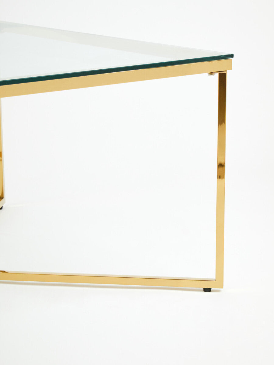 Gold Coffee Table With Intersecting Cross Base & Clear Glass Top, Allure