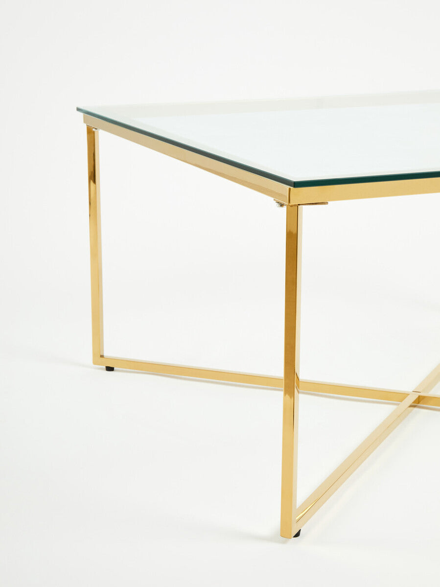Gold Coffee Table With Intersecting Cross Base & Clear Glass Top, Allure