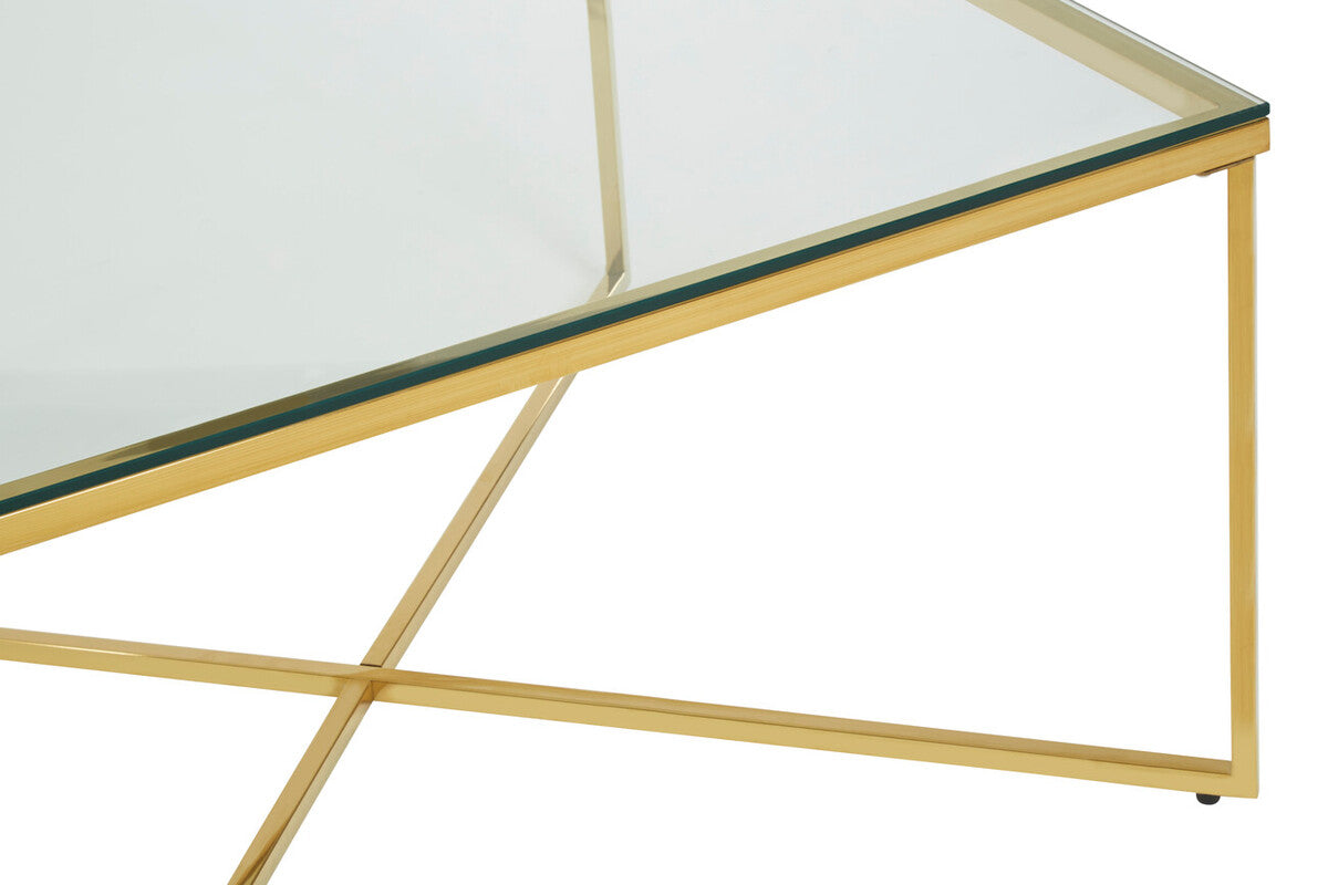 Gold Coffee Table With Intersecting Cross Base & Clear Glass Top, Allure