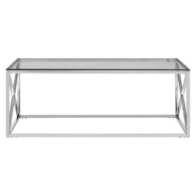 Silver Coffee Table With Cross Frame & Tempered Glass Top, Allure
