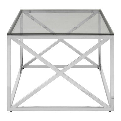 Silver Coffee Table With Cross Frame & Tempered Glass Top, Allure