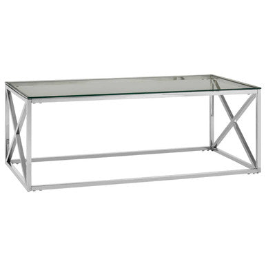 Silver Coffee Table With Cross Frame & Tempered Glass Top, Allure