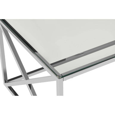 Silver Coffee Table With Cross Frame & Tempered Glass Top, Allure