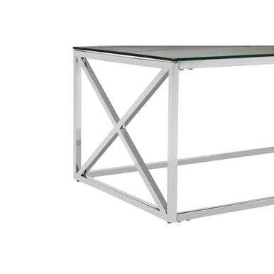 Silver Coffee Table With Cross Frame & Tempered Glass Top, Allure