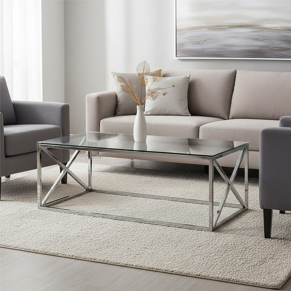 Silver Coffee Table With Cross Frame & Tempered Glass Top, Allure