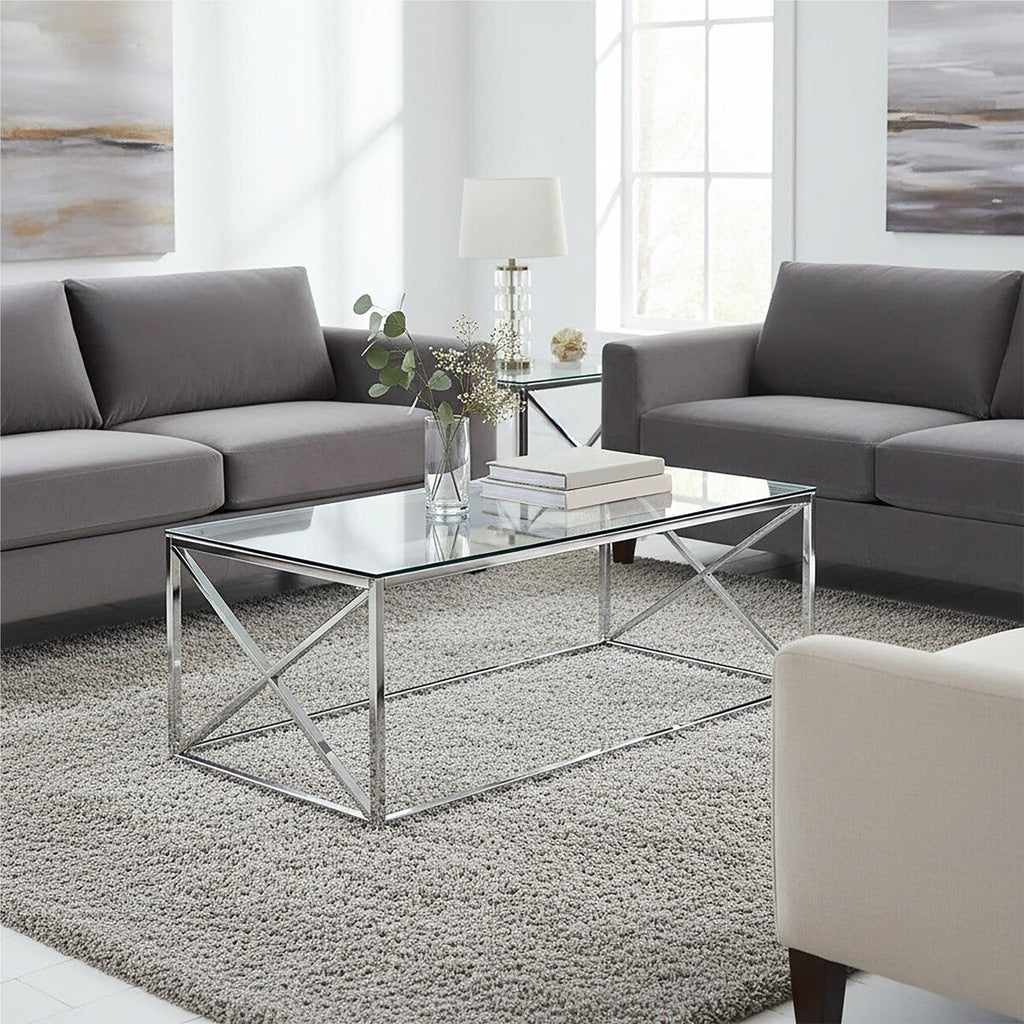 Silver Coffee Table With Cross Frame & Tempered Glass Top, Allure