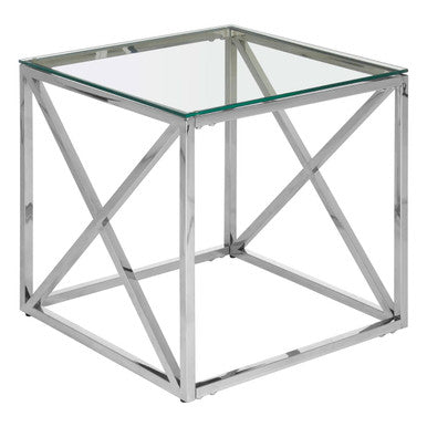 Silver Cross Base End Table With Transparent Tempered Glass Top, Allure