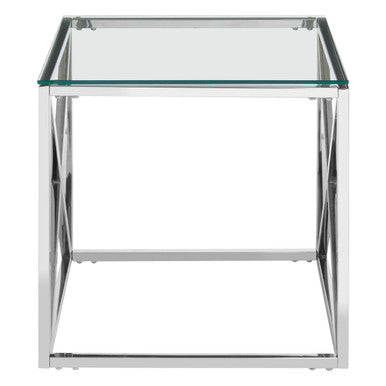 Silver Cross Base End Table With Transparent Tempered Glass Top, Allure