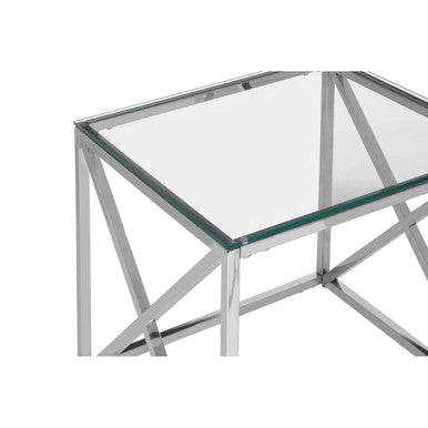 Silver Cross Base End Table With Transparent Tempered Glass Top, Allure