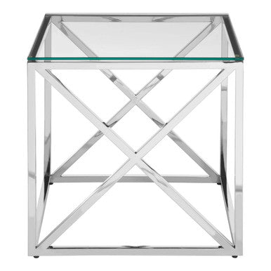 Silver Cross Base End Table With Transparent Tempered Glass Top, Allure