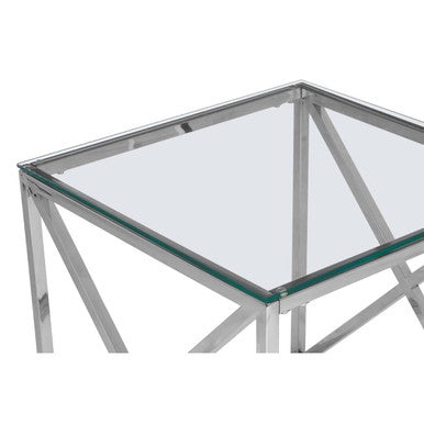 Silver Cross Base End Table With Transparent Tempered Glass Top, Allure