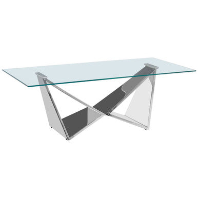 Silver Stainless Steel Wing Base Coffee Table With Clear Glass Top, Allure