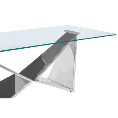 Silver Stainless Steel Wing Base Coffee Table With Clear Glass Top, Allure
