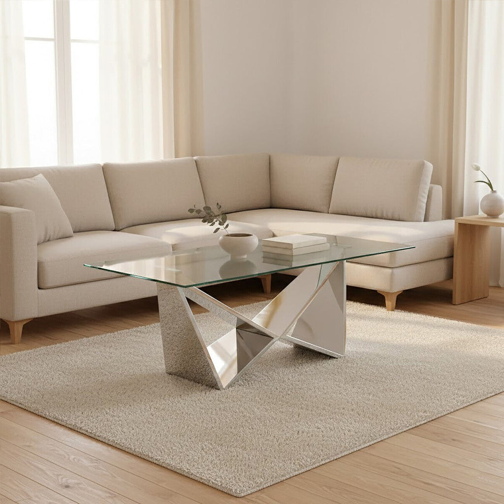 Silver Stainless Steel Wing Base Coffee Table With Clear Glass Top, Allure