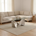 Silver Stainless Steel Wing Base Coffee Table With Clear Glass Top, Allure