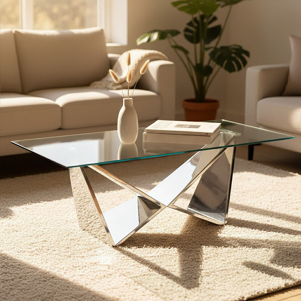 Silver Stainless Steel Wing Base Coffee Table With Clear Glass Top, Allure