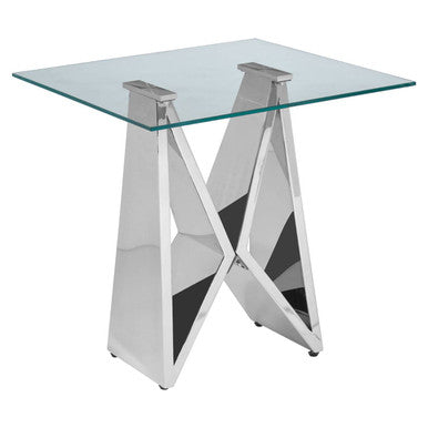 Silver Stainless Steel Wing Base End Table With Clear Glass Top, Allure