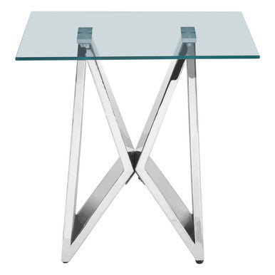 Silver Stainless Steel Wing Base End Table With Clear Glass Top, Allure