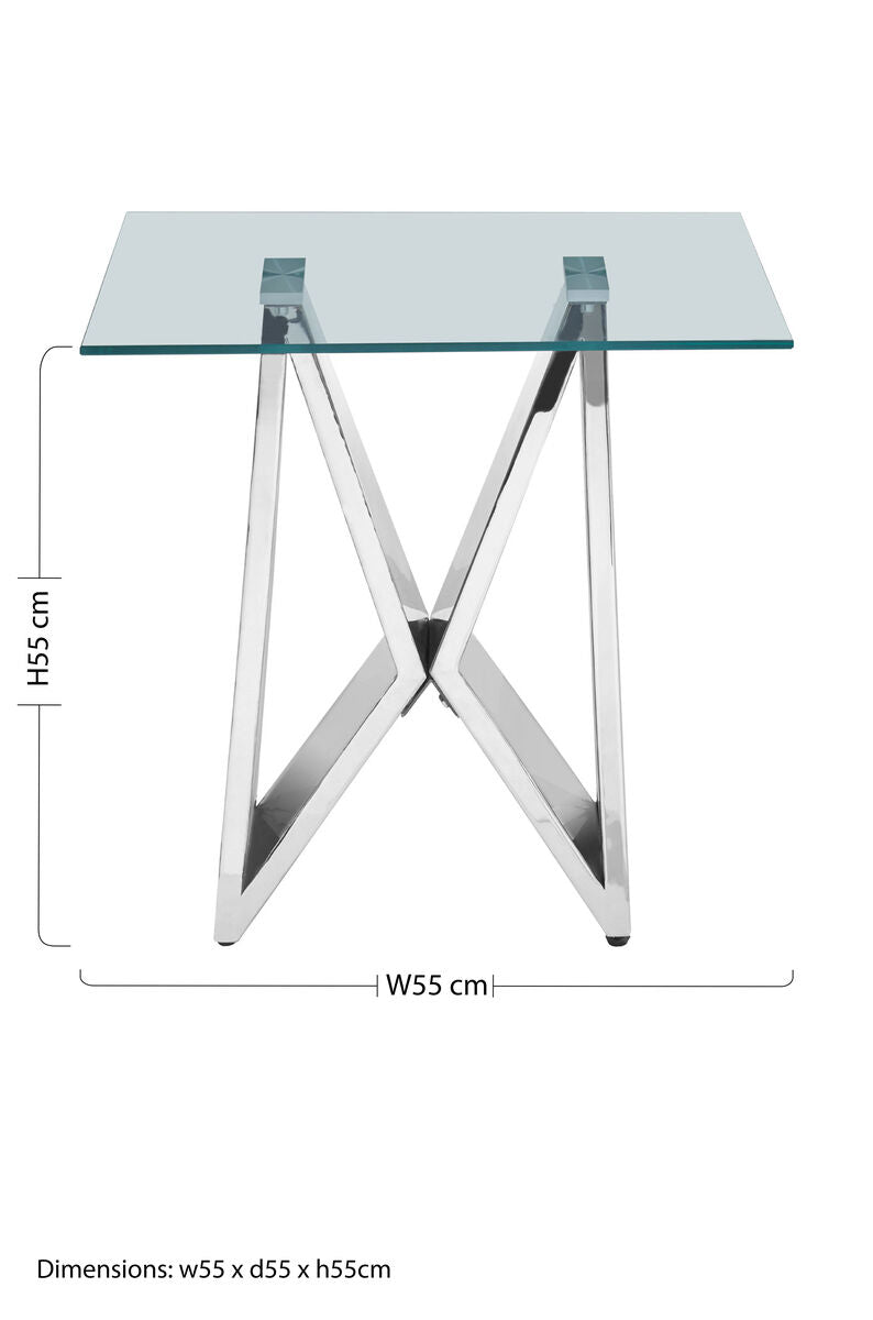 Silver Stainless Steel Wing Base End Table With Clear Glass Top, Allure