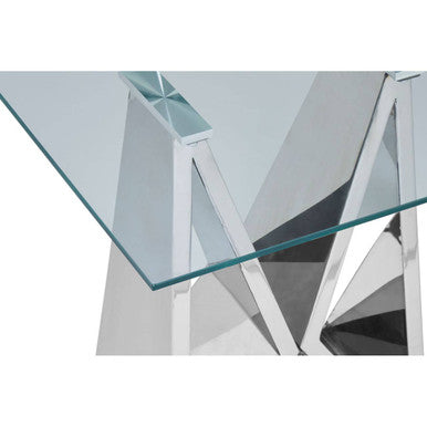 Silver Stainless Steel Wing Base End Table With Clear Glass Top, Allure