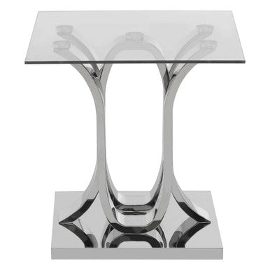 Silver Mirrored Curved Base End Table With Clear Glass Top, Allure
