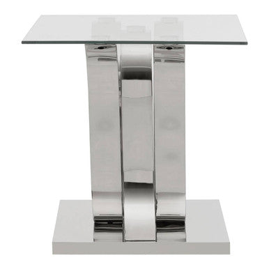 Silver Mirrored Curved Base End Table With Clear Glass Top, Allure