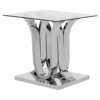 Silver Mirrored Curved Base End Table With Clear Glass Top, Allure