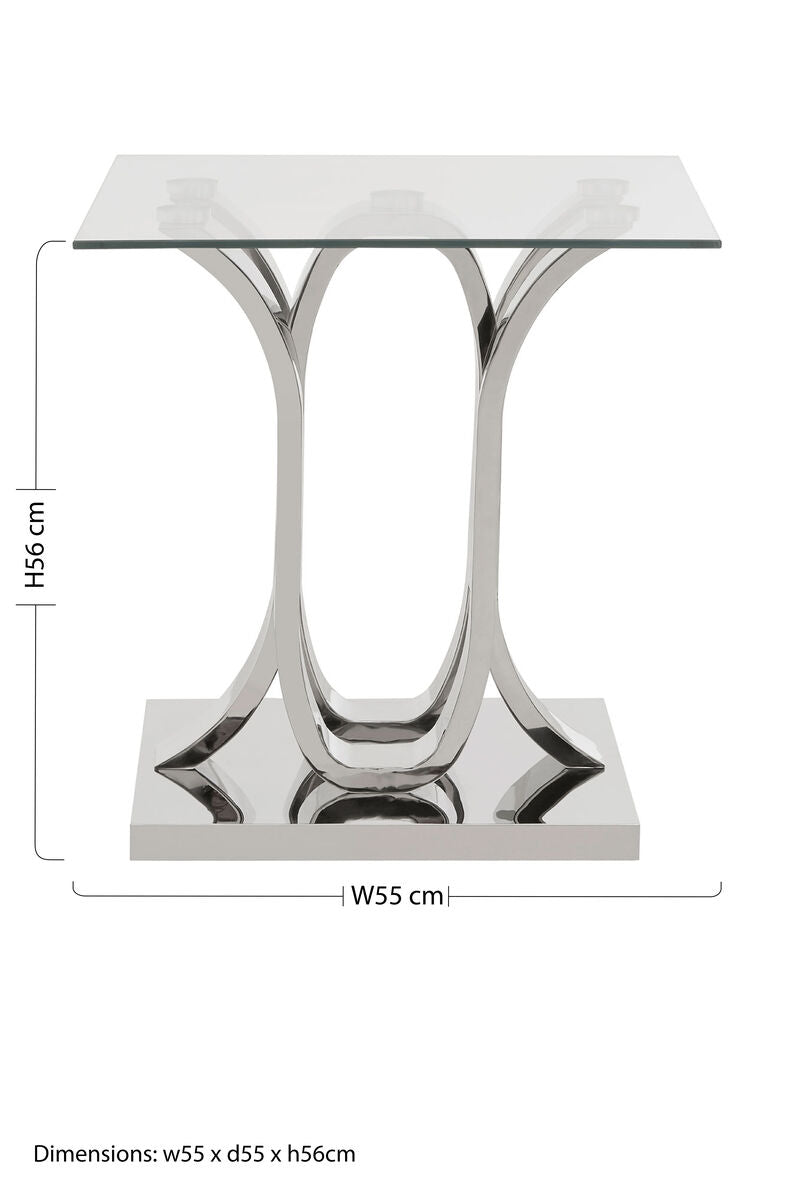 Silver Mirrored Curved Base End Table With Clear Glass Top, Allure