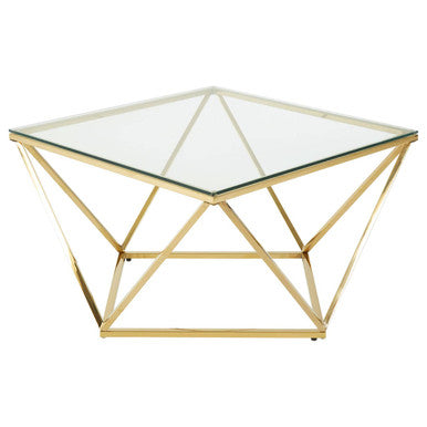 Gold Stainless Steel Twist Base Coffee Table With Tempered Glass Top, Allure