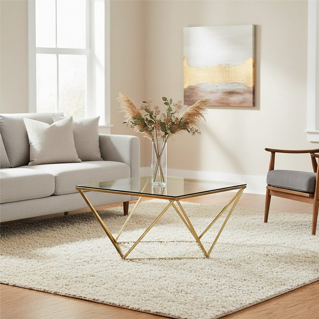 Gold Stainless Steel Twist Base Coffee Table With Tempered Glass Top, Allure