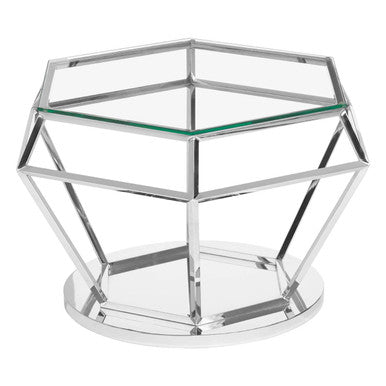 Silver Diamond Design End Table With Clear Tempered Glass Top, Allure