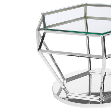 Silver Diamond Design End Table With Clear Tempered Glass Top, Allure