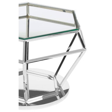Silver Diamond Design End Table With Clear Tempered Glass Top, Allure
