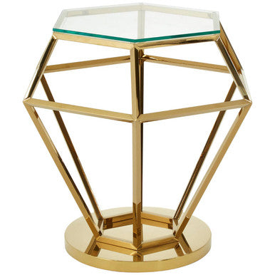 Gold Diamond Frame Small End Table With Tempered Glass Top, Allure