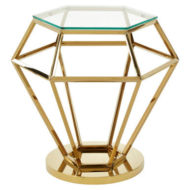 Gold Diamond Frame Small End Table With Tempered Glass Top, Allure