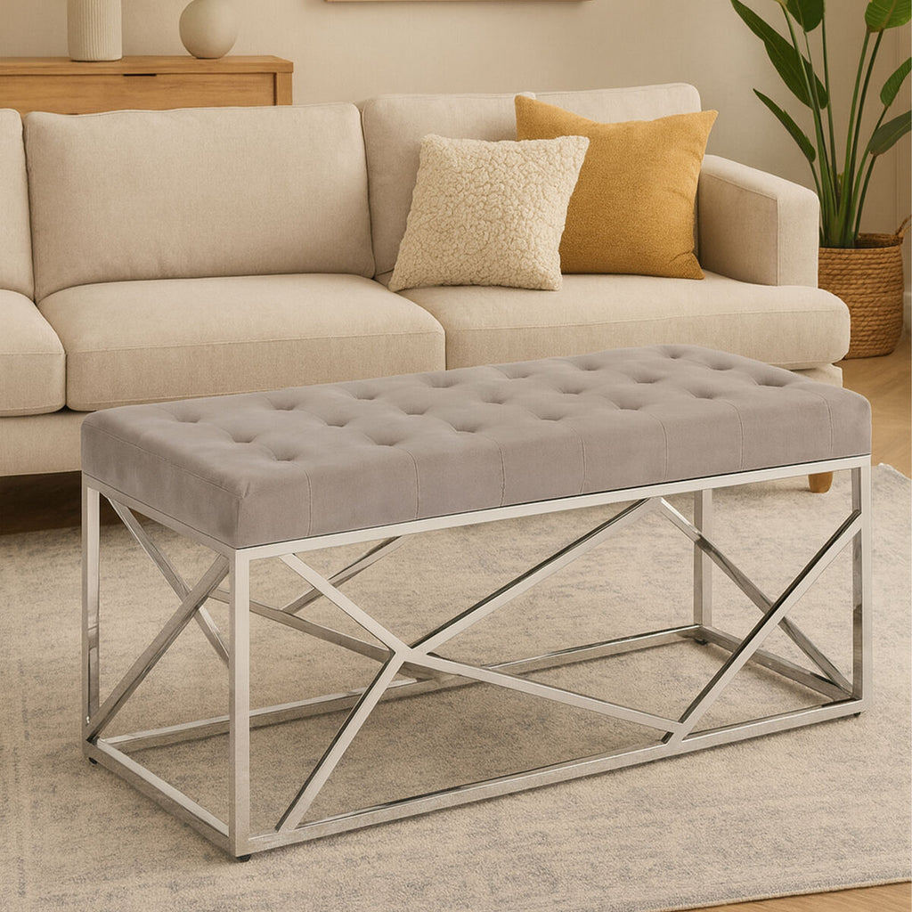 Allure Mink Velvet Bench With Silver Frame