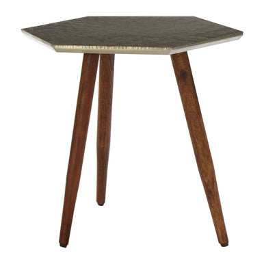 Grey Sheesham Wood Hexagonal Side Table With 3 Leg Base, Boho