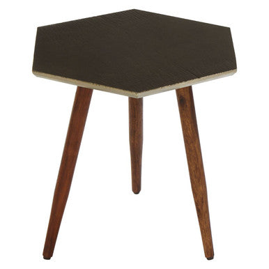 Grey Sheesham Wood Hexagonal Side Table With 3 Leg Base, Boho
