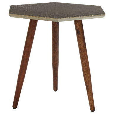 Grey Sheesham Wood Hexagonal Side Table With 3 Leg Base, Boho